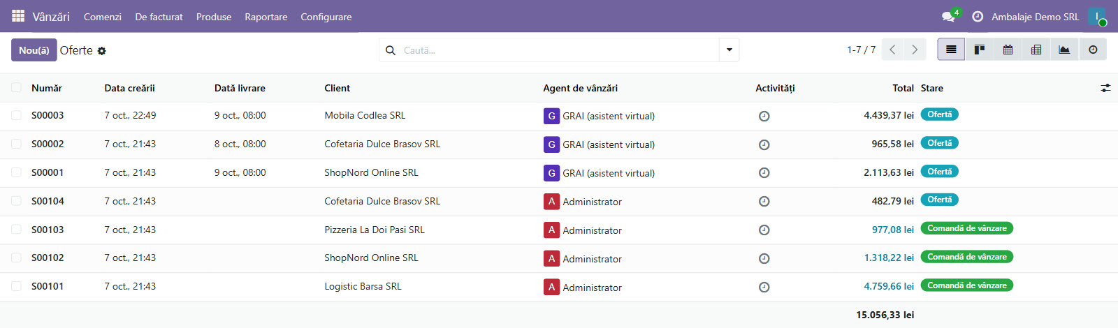 Lista de oferte din Odoo, cu cele trei comenzi pregătite de GRAI