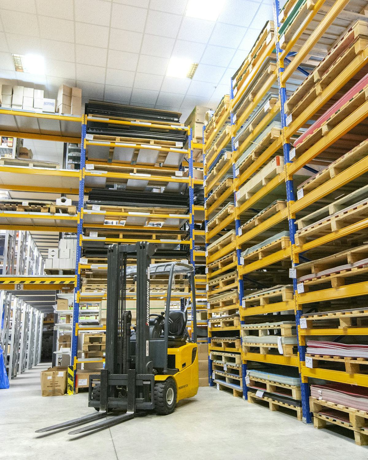 Pallets being prepared at a distribution warehouse